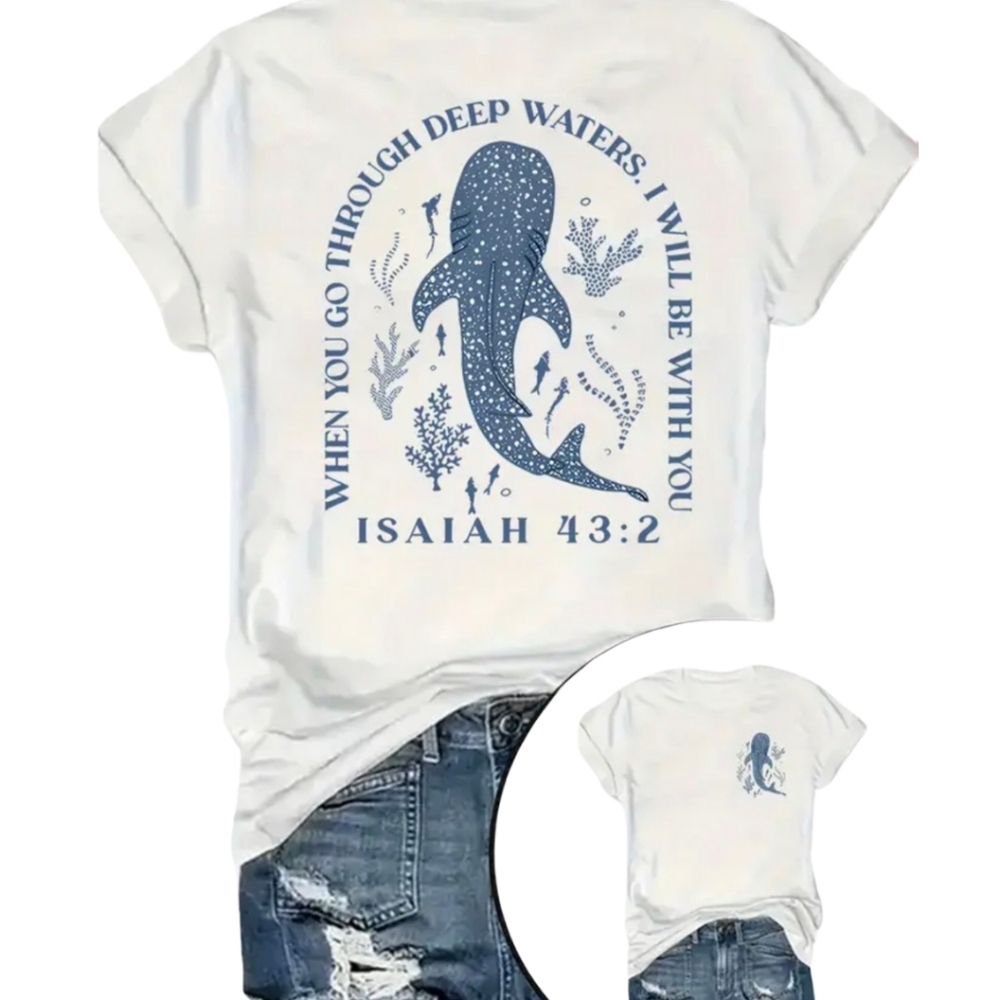 Blue Whale Christian Short Sleeve 100% Cotton T-Shirt Isaiah 43:2 Sz XXL/14